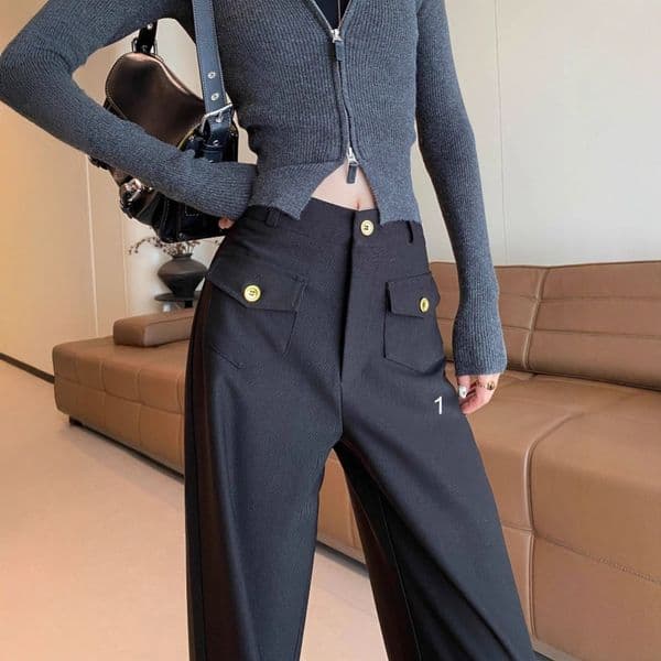 Women's Black Wide-Leg Trousers Spring Autumn High-Waisted Suit Pants Narrow Version Casual Straight Leg A872
