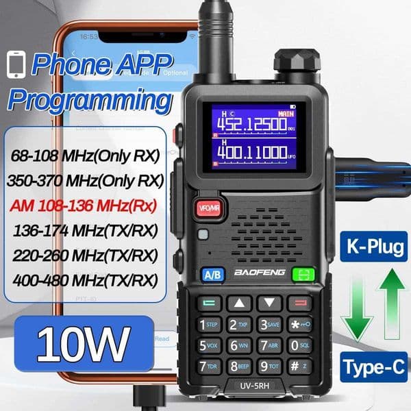 Baofeng UV-5RH 10W High Power Walkie Talkie Wireless Copy Frequency with Type-C Phone APP Programming Cable Ham Two Way Radio M251210