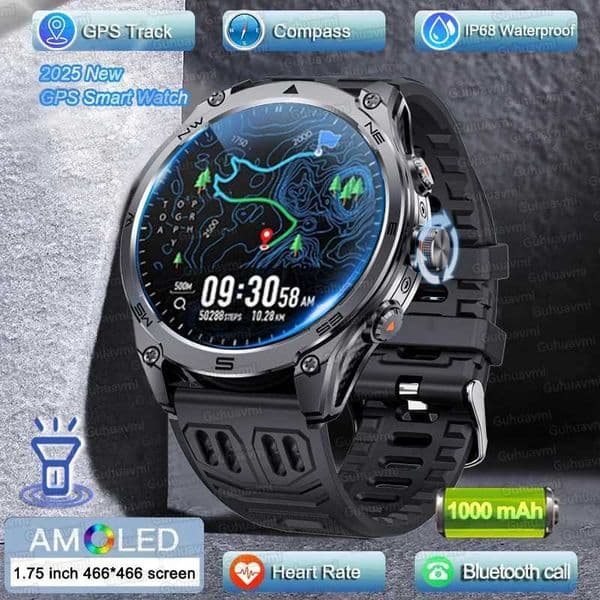 2025 New Military Smart Watch 466466 HD AMOLED GPS Compass 1000Mah IP69K Waterproof Flashlight Heart Rate BT Call SmartWatchesXJ251210