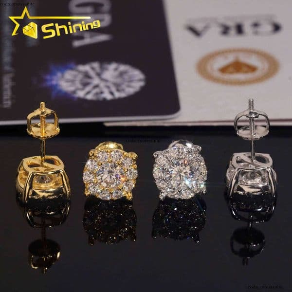 VVS Moissanite US Warehouse Fast Shipping 8.8mm Round Iced Sparkling 925 Sterling Silver Diaspore Screw Back Stud Earrings