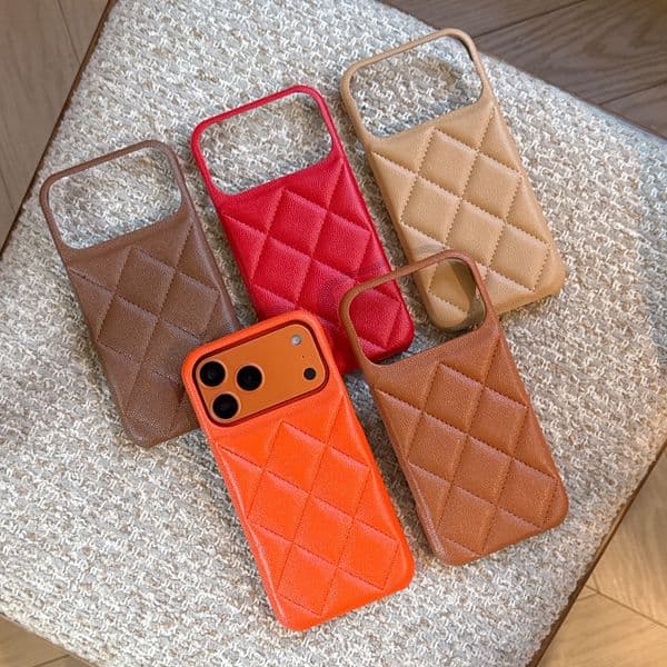 Autumn Winter Leather Quilted for iPhone 16 Pro Max Apple 17 Phone 15 Chanel Style 14 Lychee Pattern Hard Case