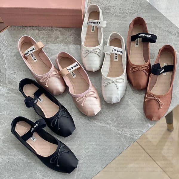 Designer ballet shoes luxury bow satin Ballerina dress Women classic shallow mouth single shoe flat sandals coquette sneakersRound Ballet Flats 35-40