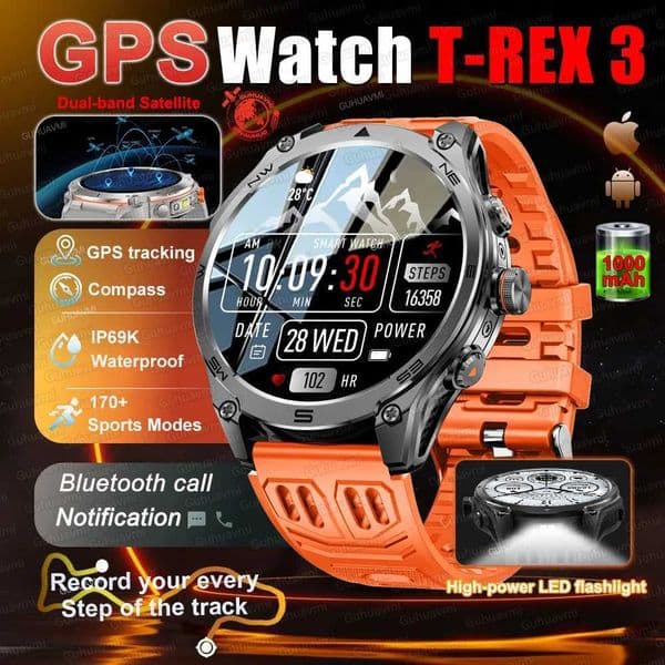 New For T-Rex 3 GPS Smart Watch 1000mAh Battery 170Sport Modes IP69K Waterproof Compass Military Grade Smartwatches 2025XJ251210