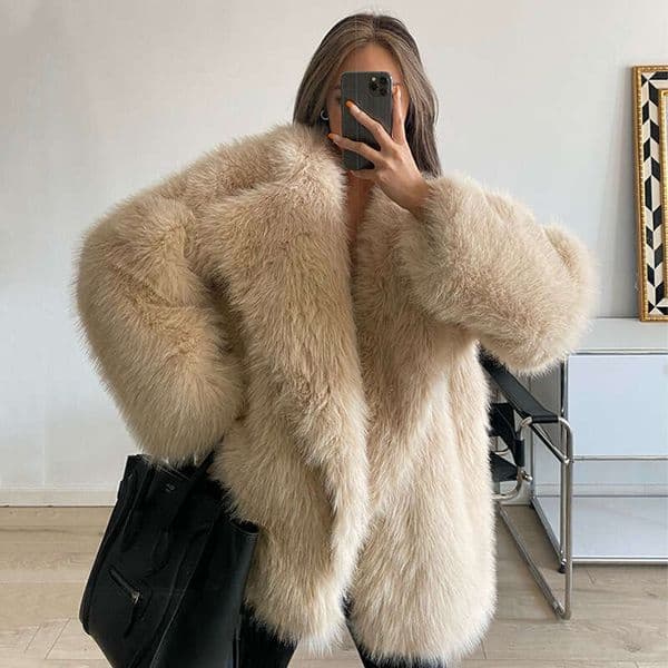European and American Autumn Winter New Style Turn Down Collar Faux Fur Jacket Loose Version