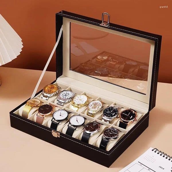 Watch Boxes High-end PU Leather Box 12-Slot Organizer With Lock Removable Pillows Synthetic Storage Case For Men Travel Gifts