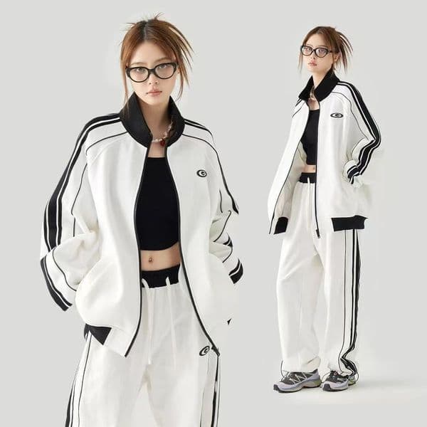 Autumn Casual Trendy 2-Piece Set Designer-Style Solid Color Fashionable Sleeve Zipper Cardigan Hoodie Stand Collar Trendy Brand, Loose Fit