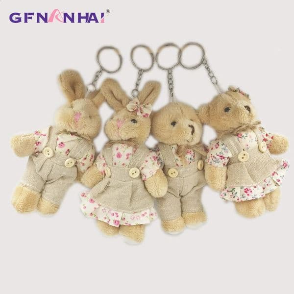 2pcs/lot 11cm Couple Bear Rabbit Plush Toys Stuffed Dolls Floral Cloth Teddy Bear Rabbit Keychain Pendants Gift for Lovers Girls251209BJ