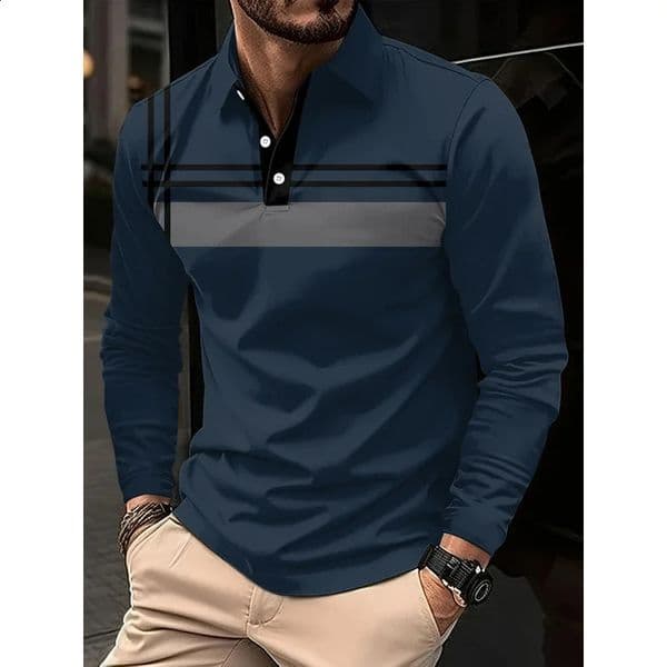 Simple striped pattern polo shirt casual and fashionable mens 3d printed longsleeved Tshirt loose spring autumn st 251201BANJIA