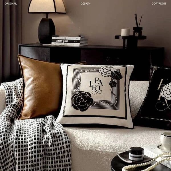 French Country Pillow Cover,Velvet Decorative Throw Pillow Case,Vintage for Bedroom,Sofa,Living Room,Couch,Chair,Black,White,45