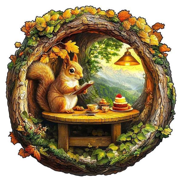 Wooden Puzzles for Adults - Squirrel in The Cave Flat Puzzle with 3D Visual Effect Unique Shape Wood Puzzles Adult Good Gift X251211