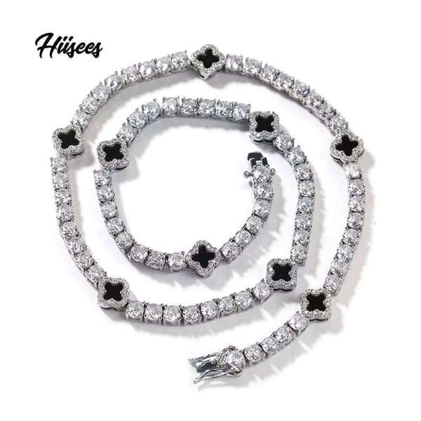 Fashion Jewelry for Women and Men 4mm Hypoallergenic Brass AAAAA CZ VVS Moissanite Black Four-Leaf Clover Tennis Necklace