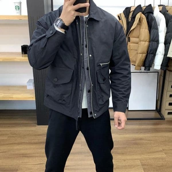 Mens Fashion Slim Fit Two Tone Collar Waterproof Jacket Autumn Spring Casual Outerwear Stylish Streetwear Look 251129