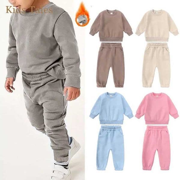 Kids Boys Girl Essential Clothes Set Toddler Solid Fleece Crewneck SweatshirtJogger Sweatpants 2Pieces Children Sport Tracksuit W251211