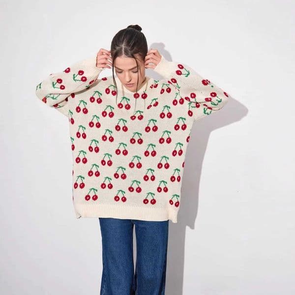 Cherry Knitted Sweater round Neck Mid-Length Womens Fashion Cotton Polyester Blend Knitwear Spring 2025 Street Style Z251211