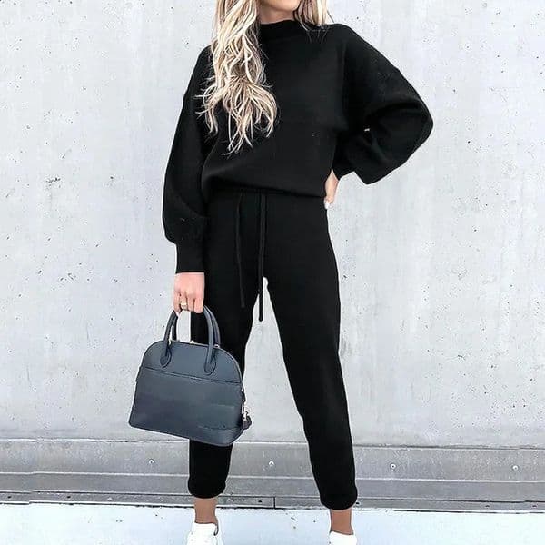 Womens High Collar Sweater and Trousers Set Casual Pure Color 2-Piece Autumn and Winter 251205