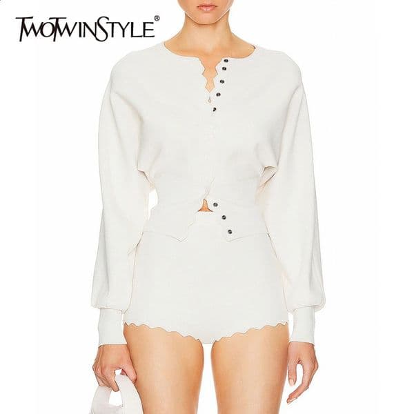 TWOTWINSTYLE Two Piece Set For Women O Neck Lantern Sleeve Patchwork Buttons Tunic Cardigan Mid Waist Shorts Casual Suit Female 251211