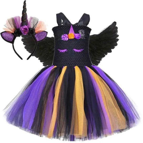 Halloween Unicorn Witch Costumes for Girls Black Dark Angel Disguise Dresses with Wings Horn Children Carnival Party Tutu Outfit X251212