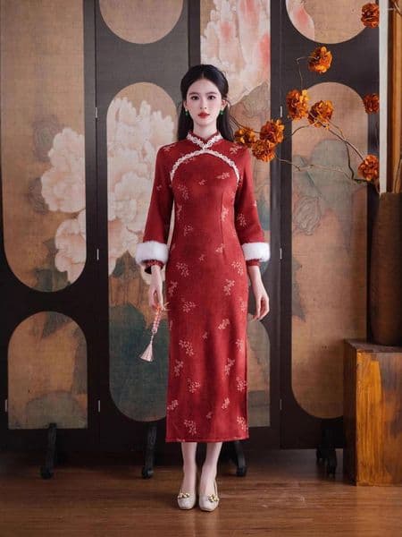 Ethnic Clothing Cheongsam designer Dress - Thick Wine Red Chinese Style Winter Daily Wear Temperament