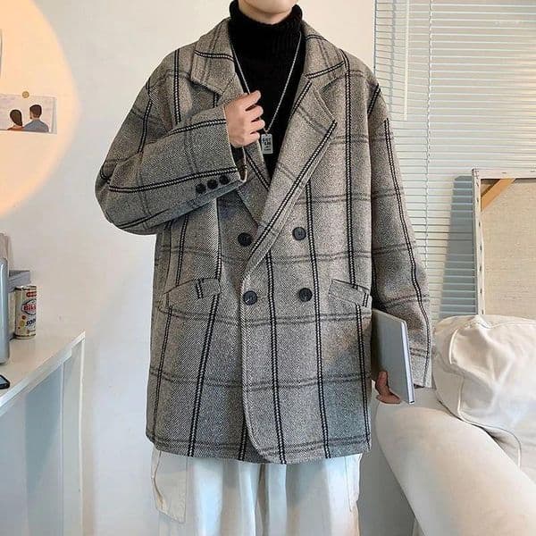 Men's Trench Coats Warm British Style Coat Autumn Winter Checkered Tweed Double Breasted Retro Oversize