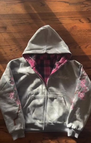 Y2K Vintage Cherry Blossom y Zipper Hoodie Harajuku Loose Reversible Simple Grid Jacket Men Women Pink Coat Streetwear 251210