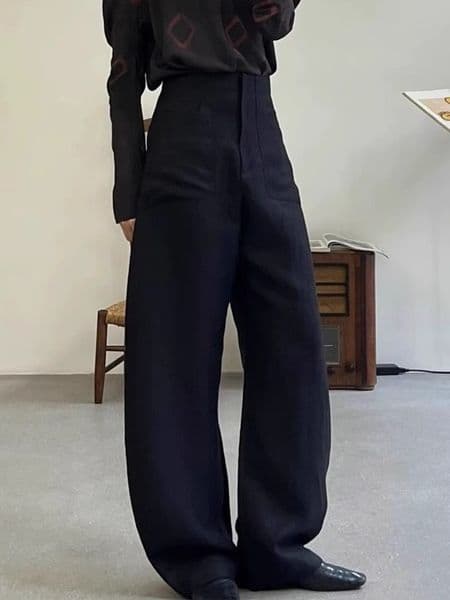 Th~ro * Wide leg pants for women, 2026 linen minimalist curved high waisted thin design, hanging sickle shaped pants