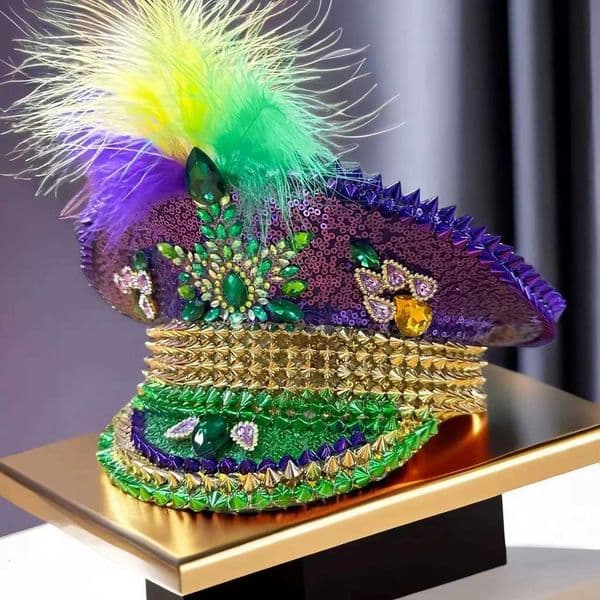 Mardi Gras Hat Chicken Feather Rhinestone Hen Do Hat Festival Captain Hat Steampunk Sergeant Headwear Music Festival Masquerade X251212