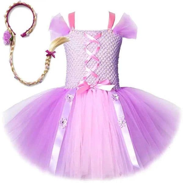 Long-haired Princess Rapunzel Costume for Girls Birthday Christmas Dresses for Kids Ballet Tutus Outfit with Long braid headband X251212