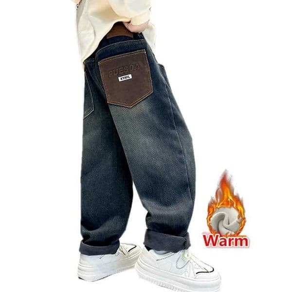 Retro Dark Blue Winter Warm Jeans For Teens Boy Classic Thickened Insulated Denim Pants Child Thermal Jeans Trousers For KidsT251212