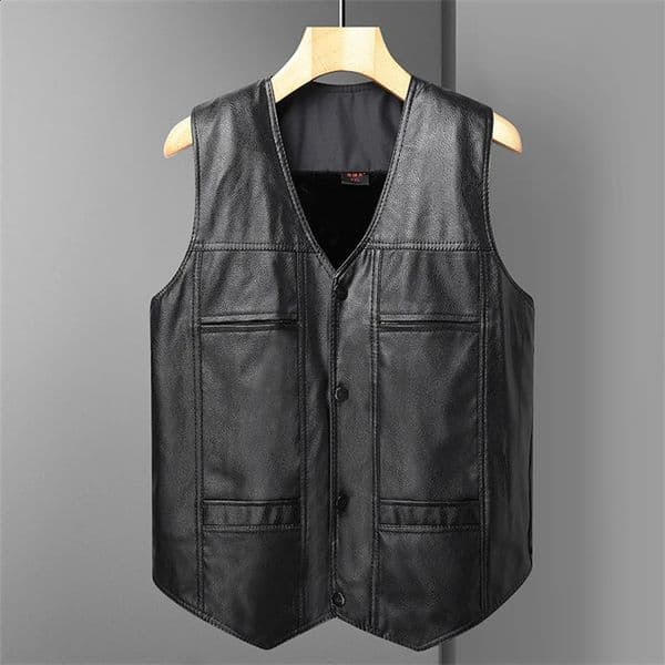 Mens Motorcycle Vest PU Leather Waistcoat Winter Warm Fleece Sleeveless Jacket V-neck Single Breasted Streetwear 251211