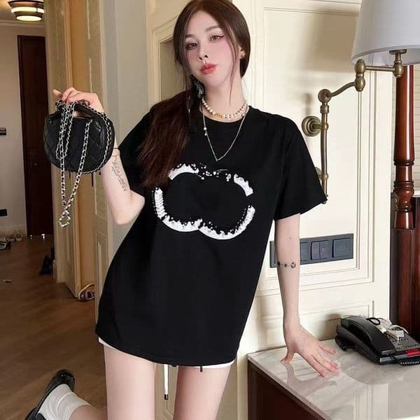Women's T-Shirt New heavy industry beaded cotton short-sleeved letters loose summer shirt casual Joker women's round neck T-shirt