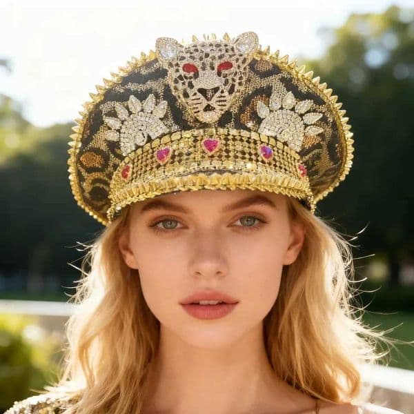 HongLuan Glitter Gold Steampunk Captain Hat Rhinestone for Burning Man Festival Woman Military Accessories Military Cap Man X251212