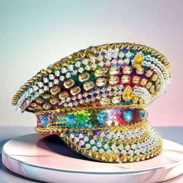 HongLuan Golden Steampunk Captain Hat Rhinestone for Burning Man Festival Woman Military Accessories Military Cap for Man X251212
