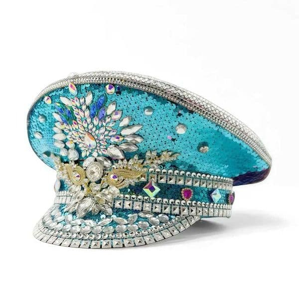 HongLuan Disco Blue Steampunk Captain Hat Rhinestone for Burning Man Festival Woman Vintage Military Accessories Cap Man X251212