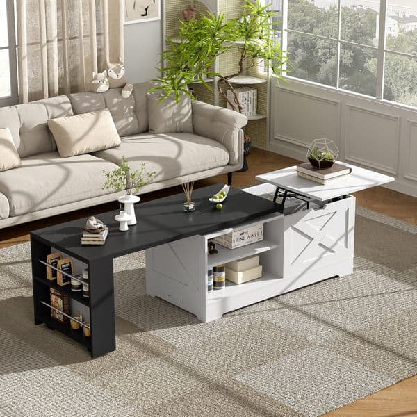 Farmhouse Style Rectangular Wooden Coffee Table with Lifting Top & Sliding Barn Door Access for Extra Storage