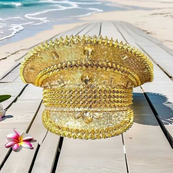 HongLuan Golden Halloween Costume Hat Captain Hats Rhinestone for Burning Man Festival Woman Cosplay Female Accessories X251212