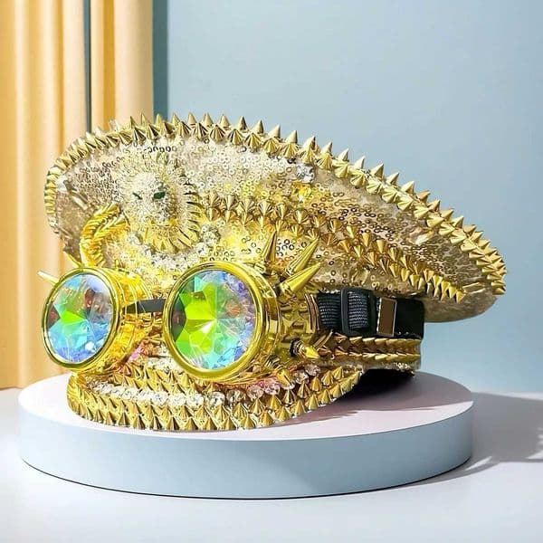 HongLuan Golden Steampunk Captain Hat Rhinestone with Goggles for Burning Man Festival Woman Military Accessories Cap for Man X251212