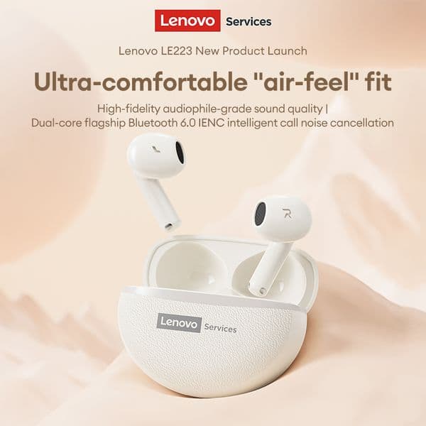 Lenovoservice LE223 Wireless Bluetooth 6.0 Earbuds Semi-In-Ear Headphones Low-Latency Sports Running Smart Noise Cancellation Matte Finish