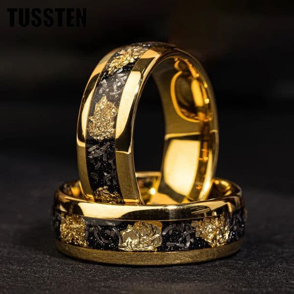 TUSSTEN 4/6/8MM Dome Edges Mens Womens Fashion Engagement Wedding Band Meteorite Gold Foil Inlay Tungsten Carbide Rings 251210