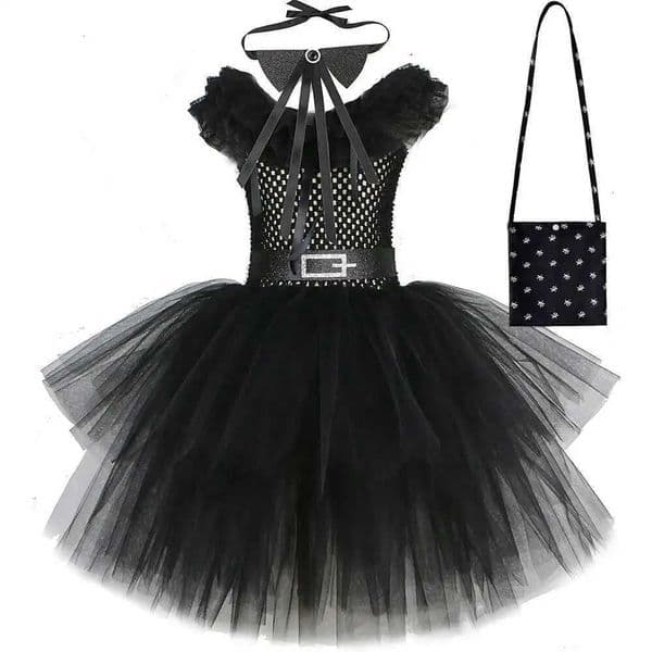 Black Costumes for Girls Addams Layered Dresses with Bowtie Preppy STYle Schoolgirl Tutu Outfit Kids Halloween Clothes X251212