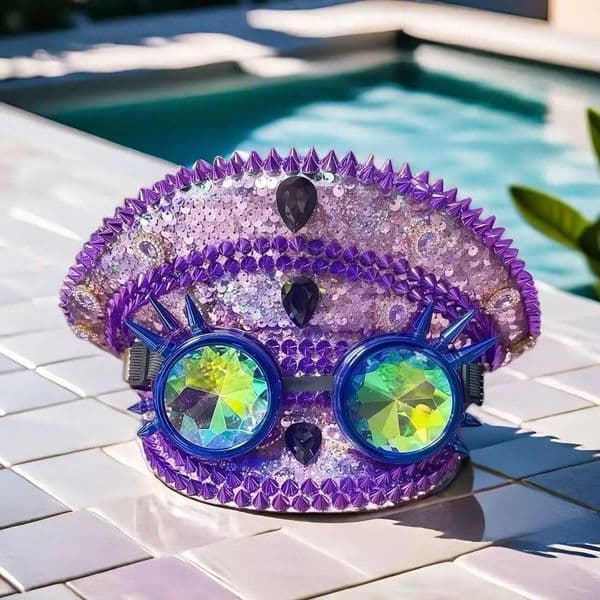 HongLuan Violet Steampunk Captain Hat Rhinestone with Goggles for Burning Man Festival Woman Military Accessories Cap for Man X2512121