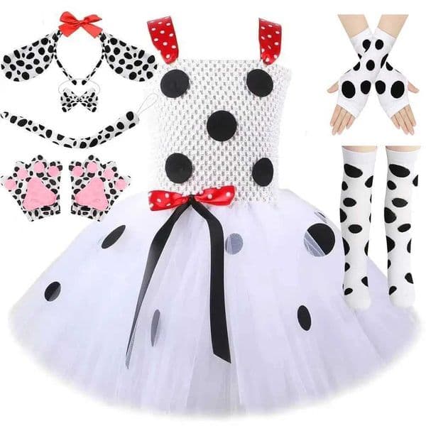 White Dalmatian Dog Costumes for Baby Girls Spotted Puppy Dog Tutu Dress for Kids Animal Halloween Outfit with Ears Bowtie Tail X251212