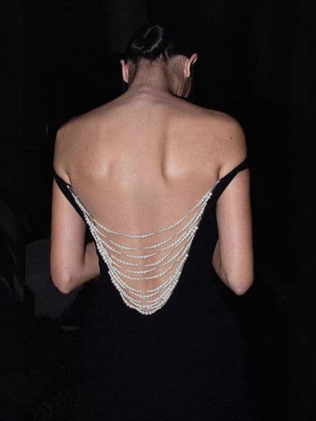 Elegant autumn and winter temperament black pearl backless one shoulder dress high-end banquet, birthday dress long skirt