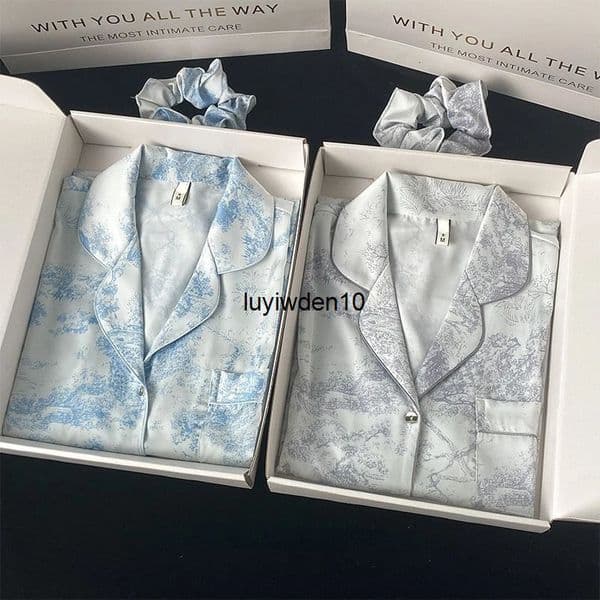 Women's Sleep Lounge Womens Sleepwear Autumn and winter silk womens home clothing lapel button cardigan 2-piece set womens high-end printed womens pajamas 241009