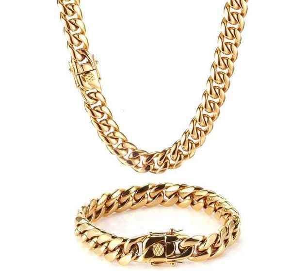 Mens Hip Hop Gold Plated Cuban Jewelry Wholesale Stainless Steel Cuban Chain Necklace Bracelet 18k PVD Gold Plated Miami Cuban