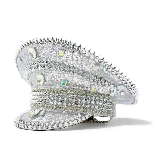 HongLuan Silvery Chain Steampunk Captain Hat Rhinestone for Burning Man Festival Woman Military Accessories Military Cap Man X251212