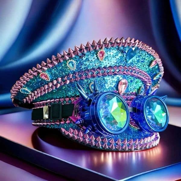 Blue Pink Steampunk Captain Hat Masquerade Handmade Rivet Rhinestone Punk Goggles Adult Unisex Music Festival Military Hat X251212