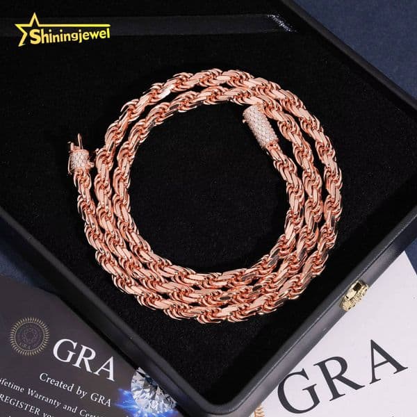 Rose Gold Plated 6MM Hip Hop Jewelry Custom Iced Out 925 Silver VVS Moissanite Diamond Rope Chain Necklace GRA Certificate