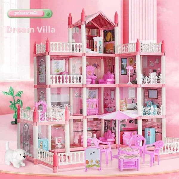 Labubu Outfit Large Dollhouse Toddler House For doll reborn Girls - With Dolls Furniture Accessories LED Lights 4 Stories Princess Dream House Toys Girl Doll