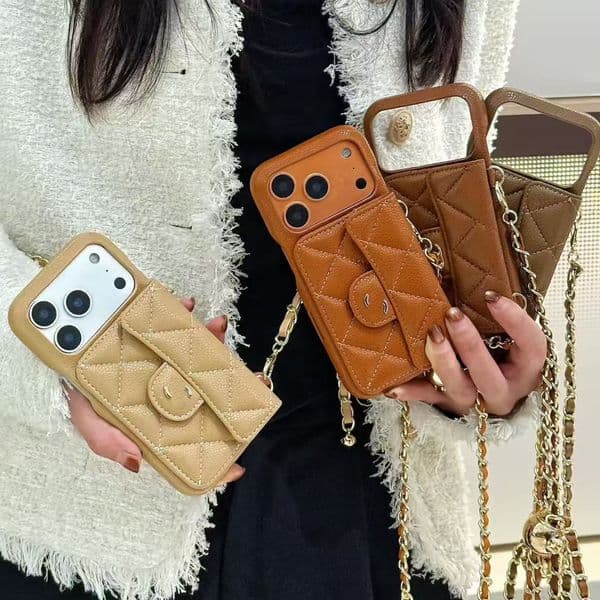Designer Crossbody Phone Case For iPhone 17 Pro Max 16 ProMax 15 14 13 16 Plus 17 AIR Case Card Holder Bag Luxury Caviar Leather Sheepskin Wallet Phonecases Chain Straps