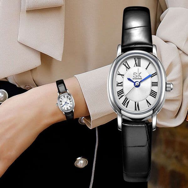 SK Women's Retro Roman Numerals Leather Strap Japanese Movement Waterproof Quartz Watch Waterproof elegant oval women's watch